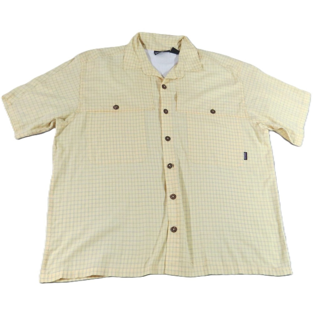 Patagonia Island Hopper Fishing Shirt Men M Yellow Plaid Short Sleeve Vented EUC